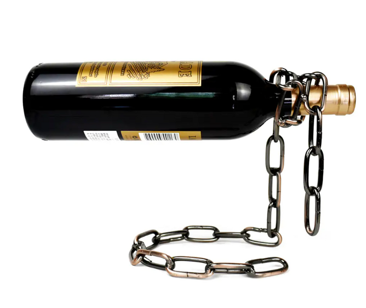 Suporte para garrafa de vinho com corrente.